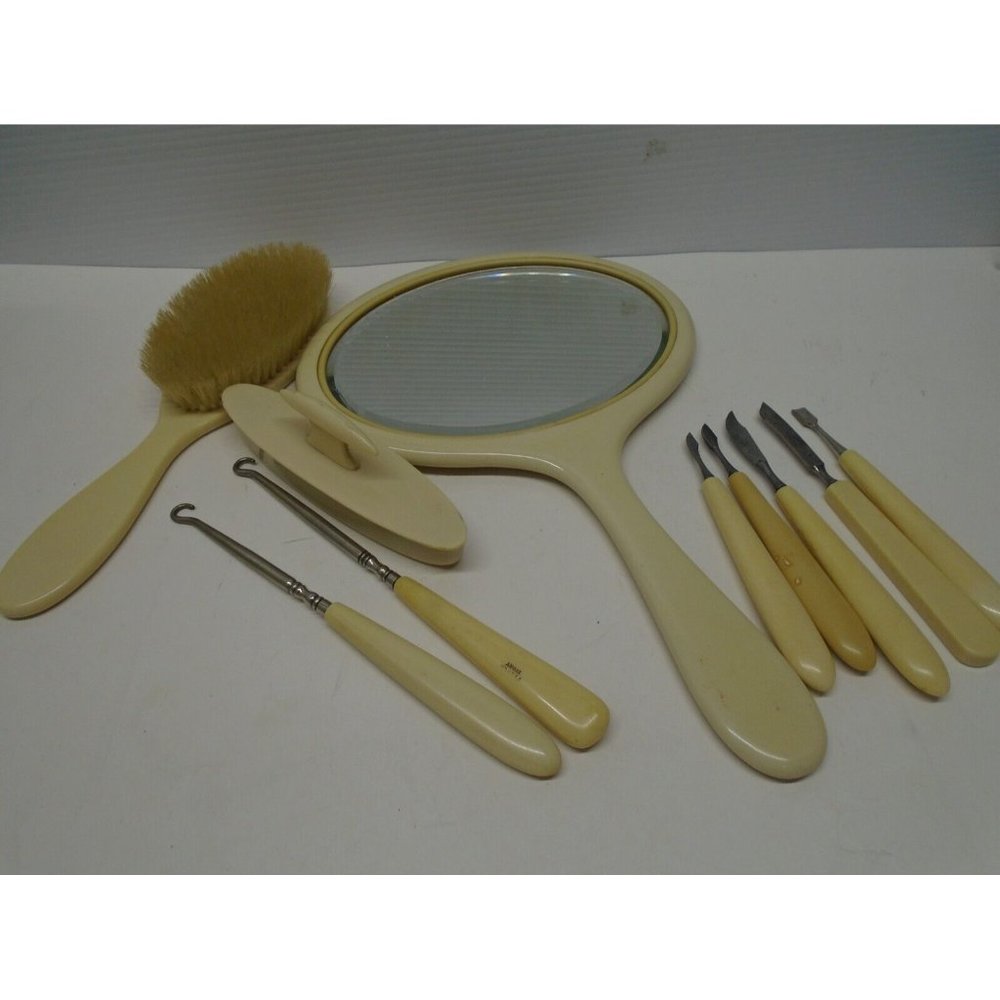 Vintage 10 Piece Vanity / Manicure Set French Ivory Celluloid Art Deco w/ Flaws